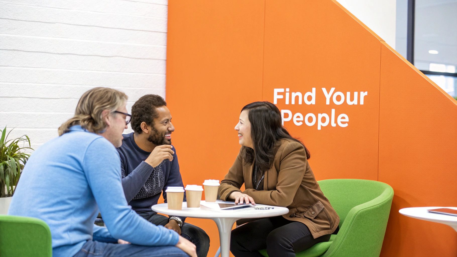 Smiling colleagues chat over coffee at a white table in a bright, orange-walled office.