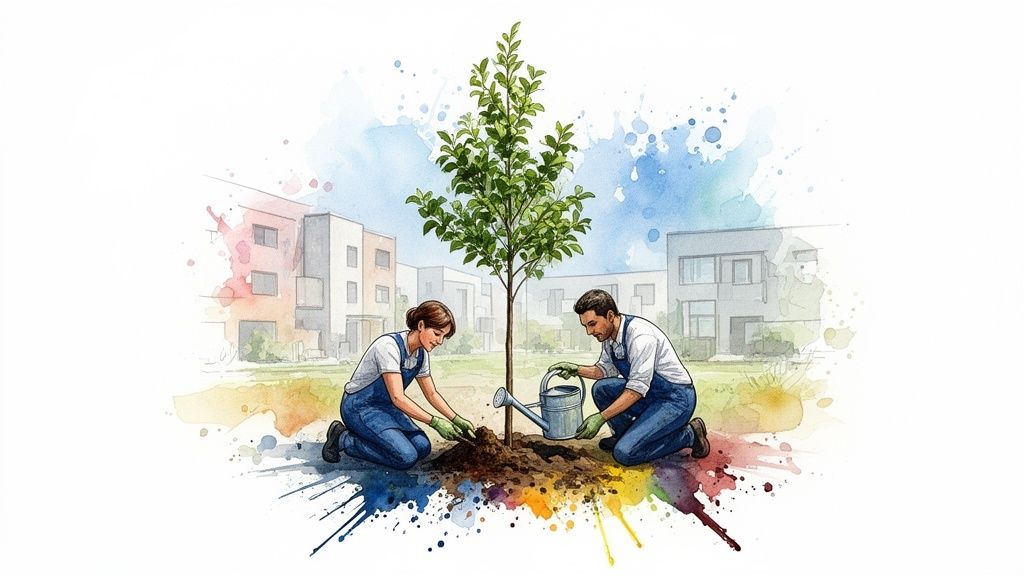 Two people planting a young tree in a vibrant community with houses and colorful watercolor splashes.