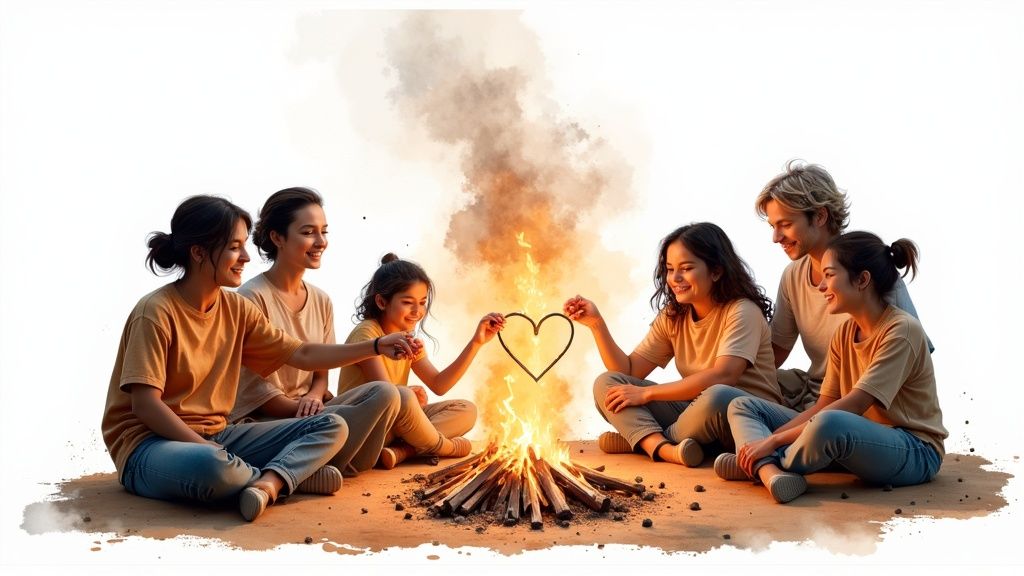 A diverse group of happy friends sitting around a glowing campfire, some holding a heart.