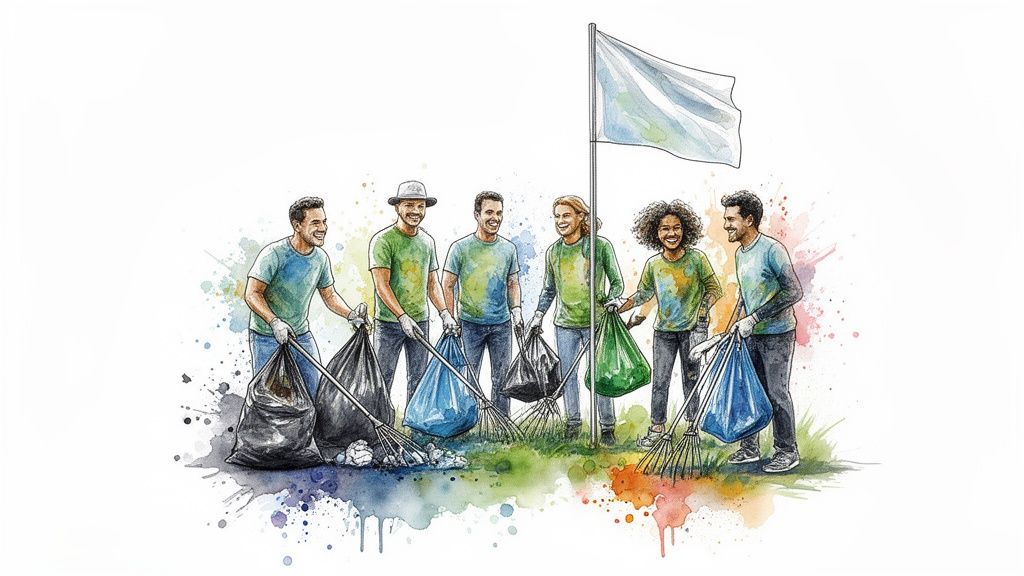 Diverse group of six happy volunteers cleaning up outdoors with rakes and trash bags.