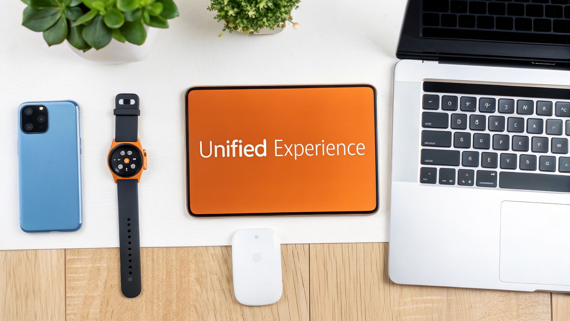 Desk flat lay with tech gadgets: laptop, phone, smartwatch, and tablet showing 'Unified Experience'.