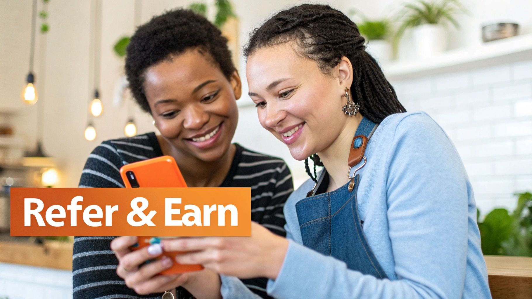 Two happy women smiling while looking at an orange smartphone, featuring a "Refer & Earn" banner.