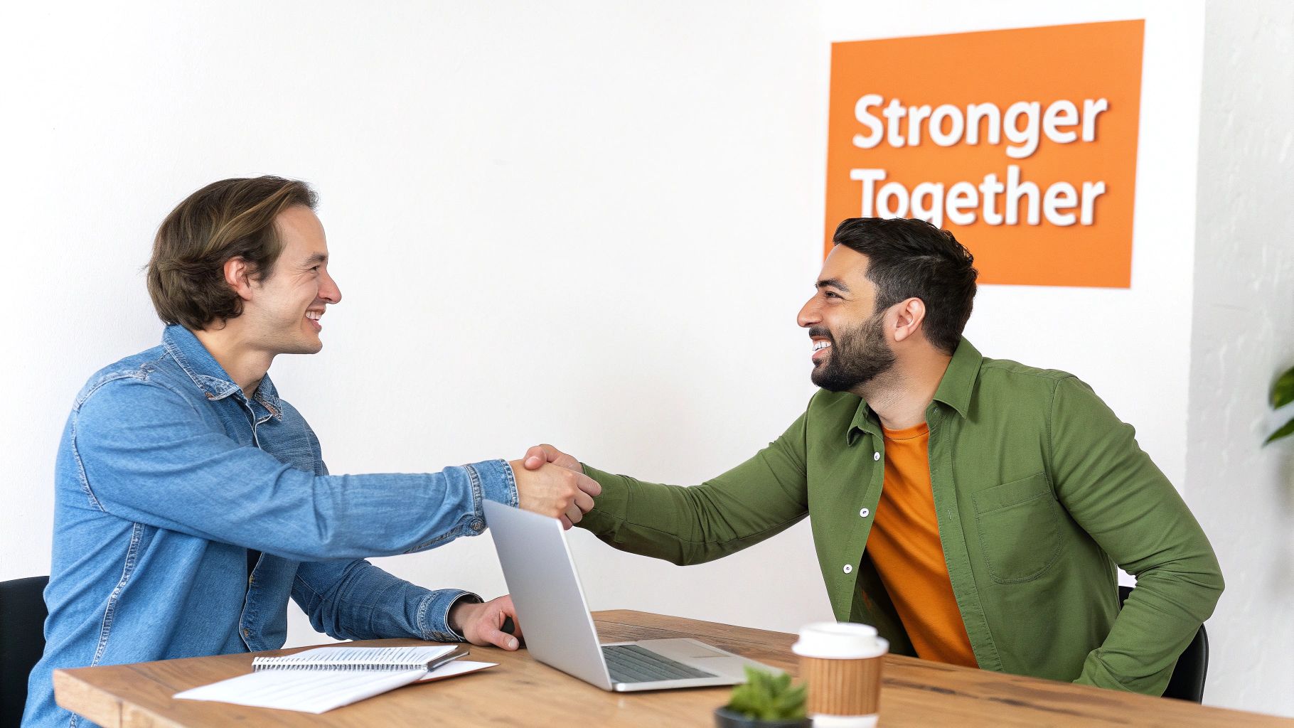 Two smiling men shake hands at a table, symbolizing a successful co-founder meeting or partnership.