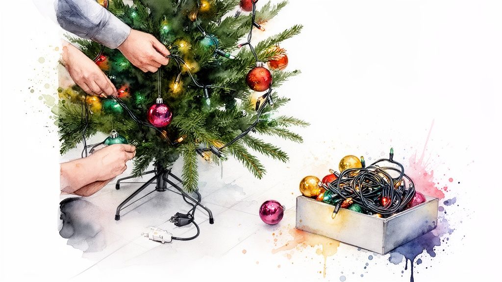 Hands decorate a Christmas tree with colorful lights and ornaments, a box of tangled decorations nearby.