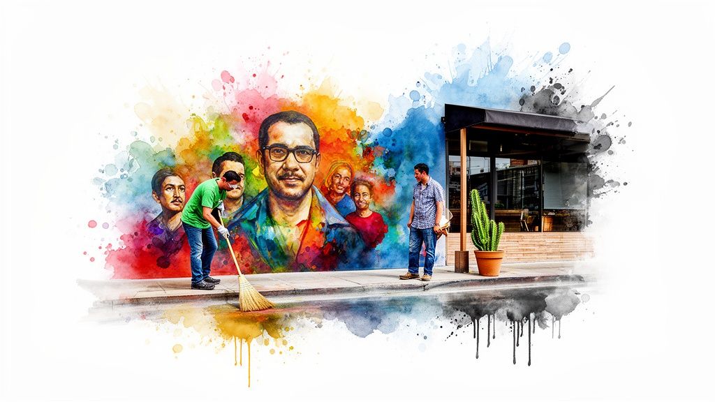 A vibrant watercolor mural of diverse faces, with a man sweeping and another standing nearby.