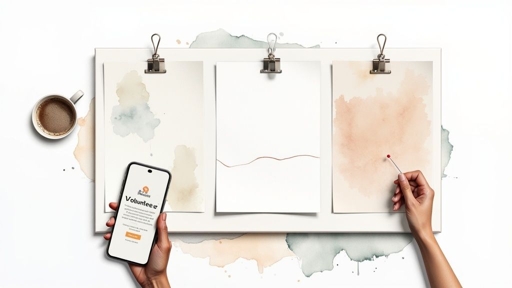 Overhead view of a volunteer app on a smartphone, coffee, and three papers with watercolor art.
