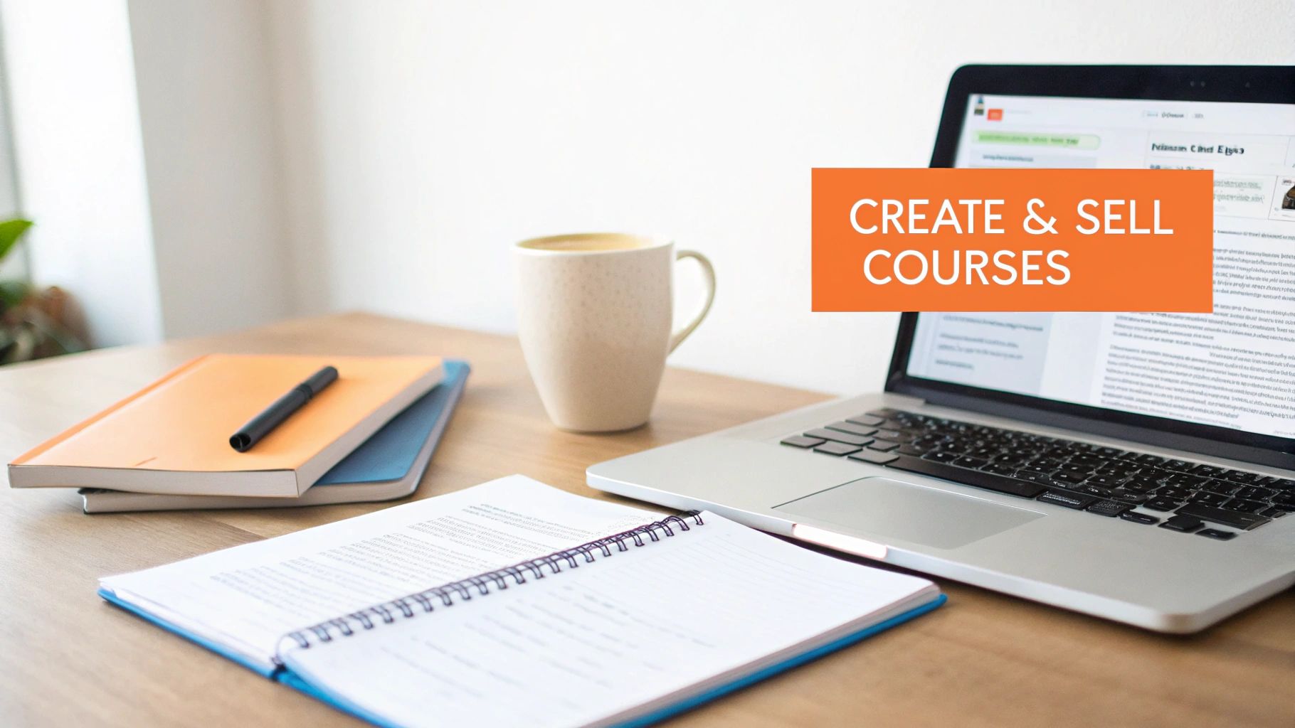 A laptop, notebooks, coffee, and pen on a desk, with 'CREATE & SELL COURSES' text.