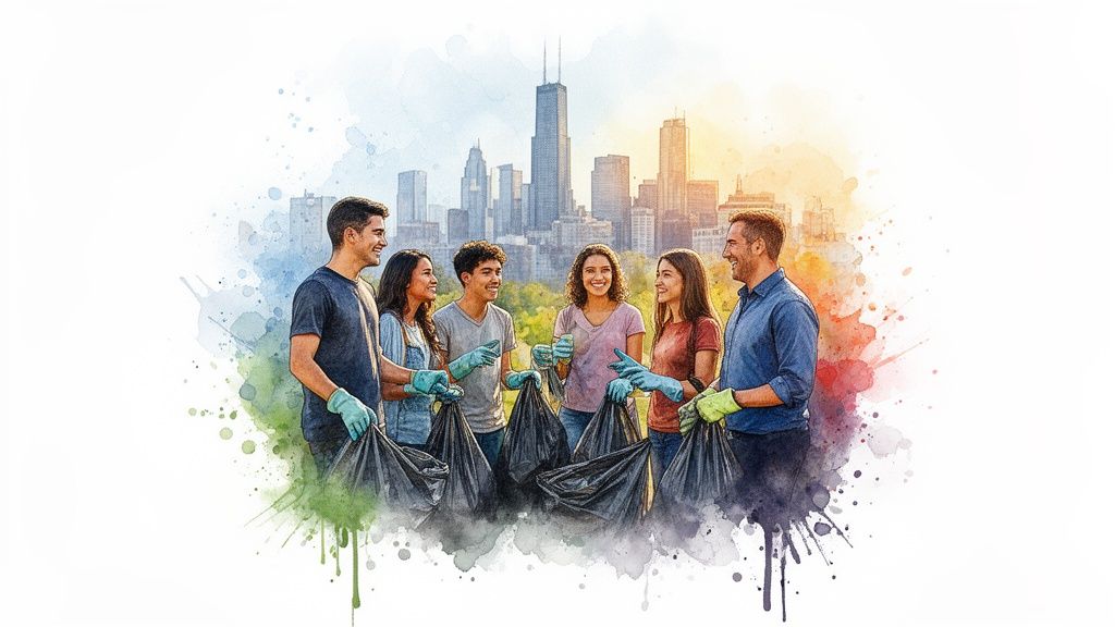 Diverse young volunteers with gloves and trash bags cleaning up a park area.