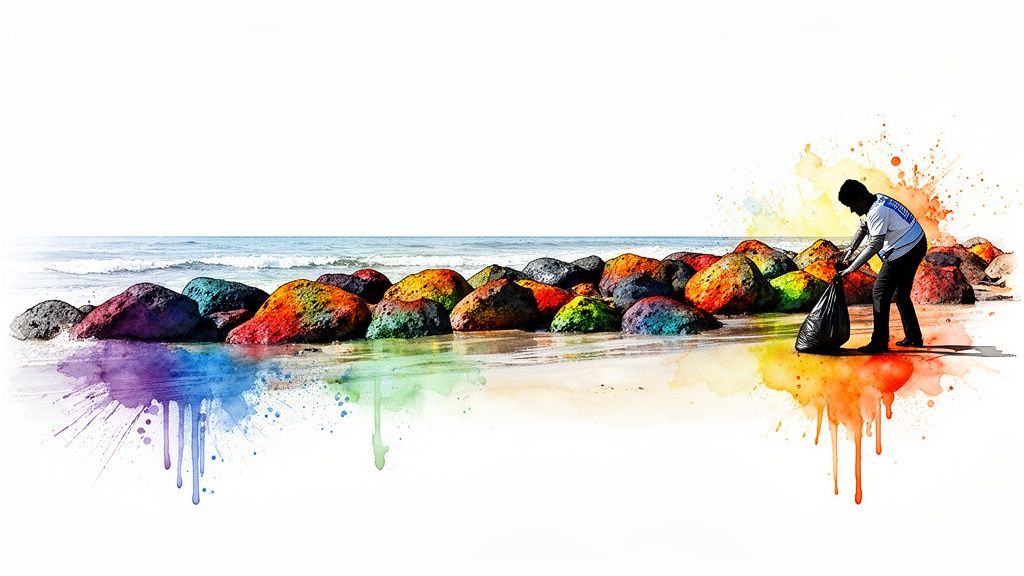 A person picks up trash on a vibrant, watercolor-style beach with colorful rocks by the ocean.