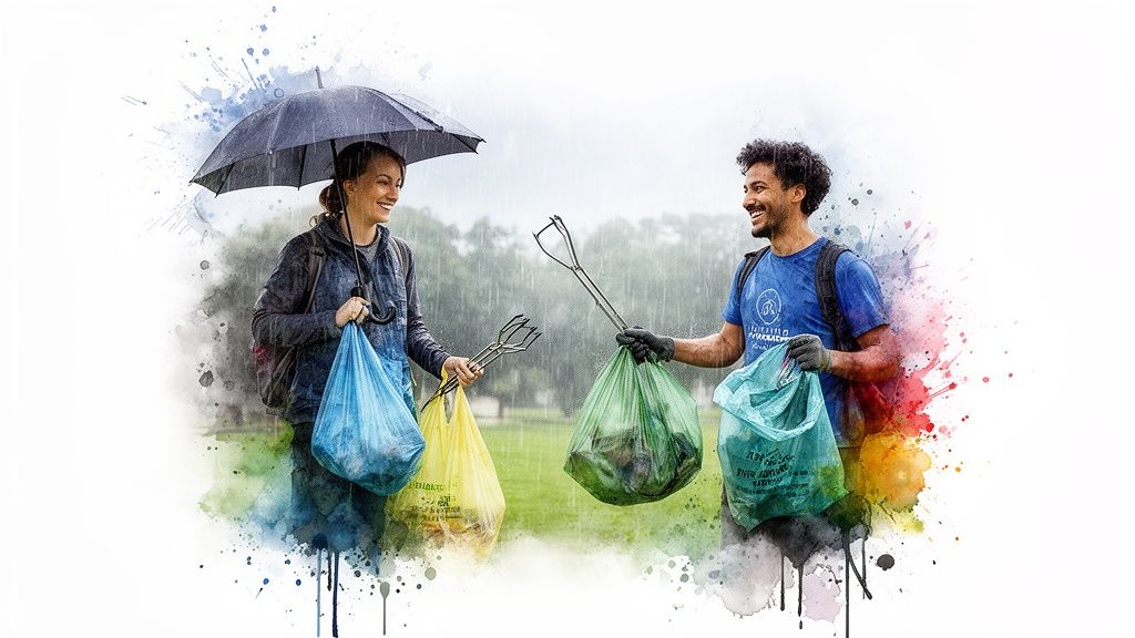 Two happy volunteers picking up trash in the rain, holding bags and grabber tools.