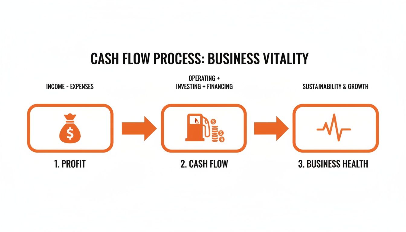 Diagram illustrating the cash flow process for business vitality, from profit to health and growth.