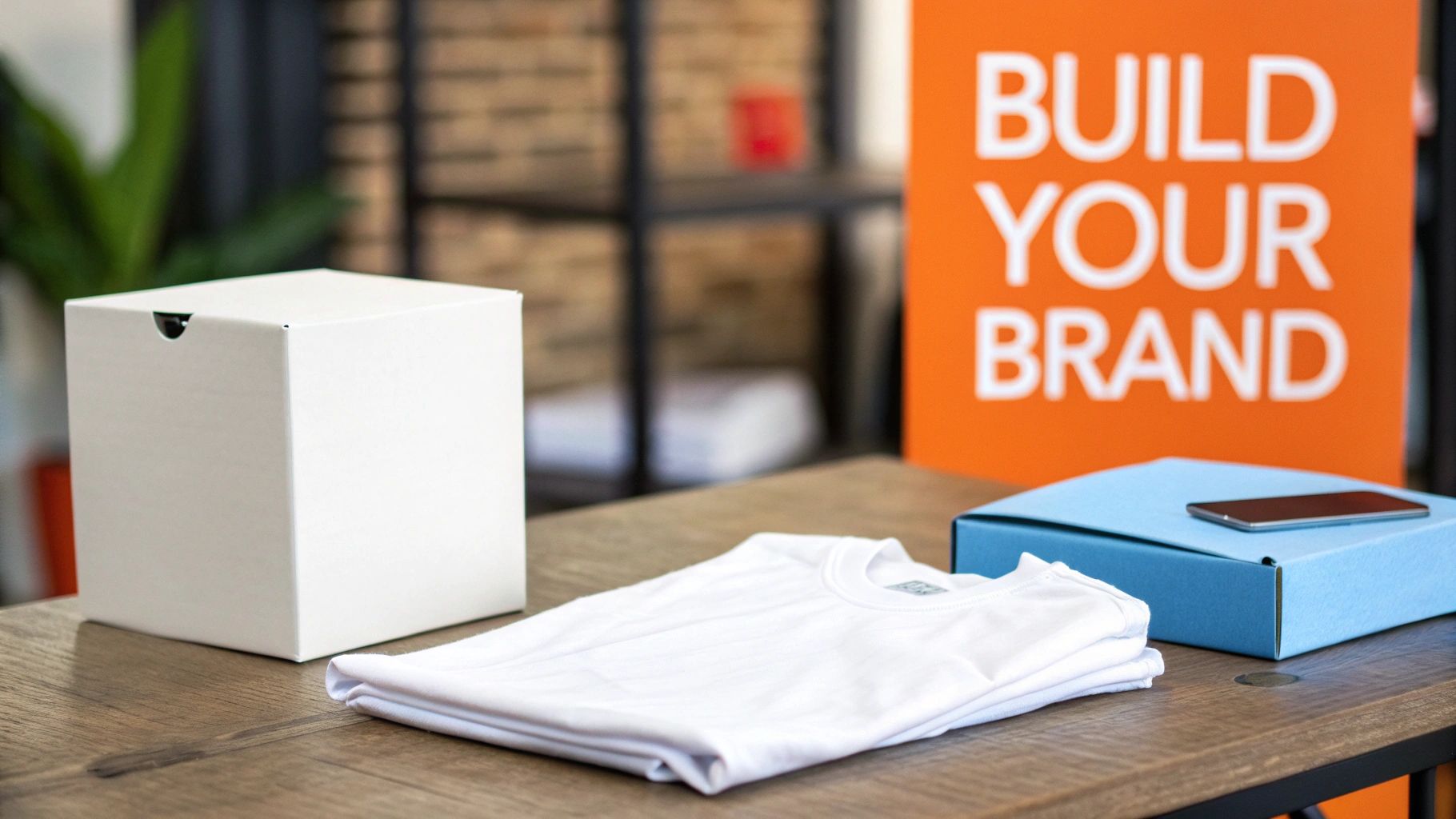 A white box, folded t-shirt, blue package with a smartphone, and 'BUILD YOUR BRAND' sign on a wooden table.