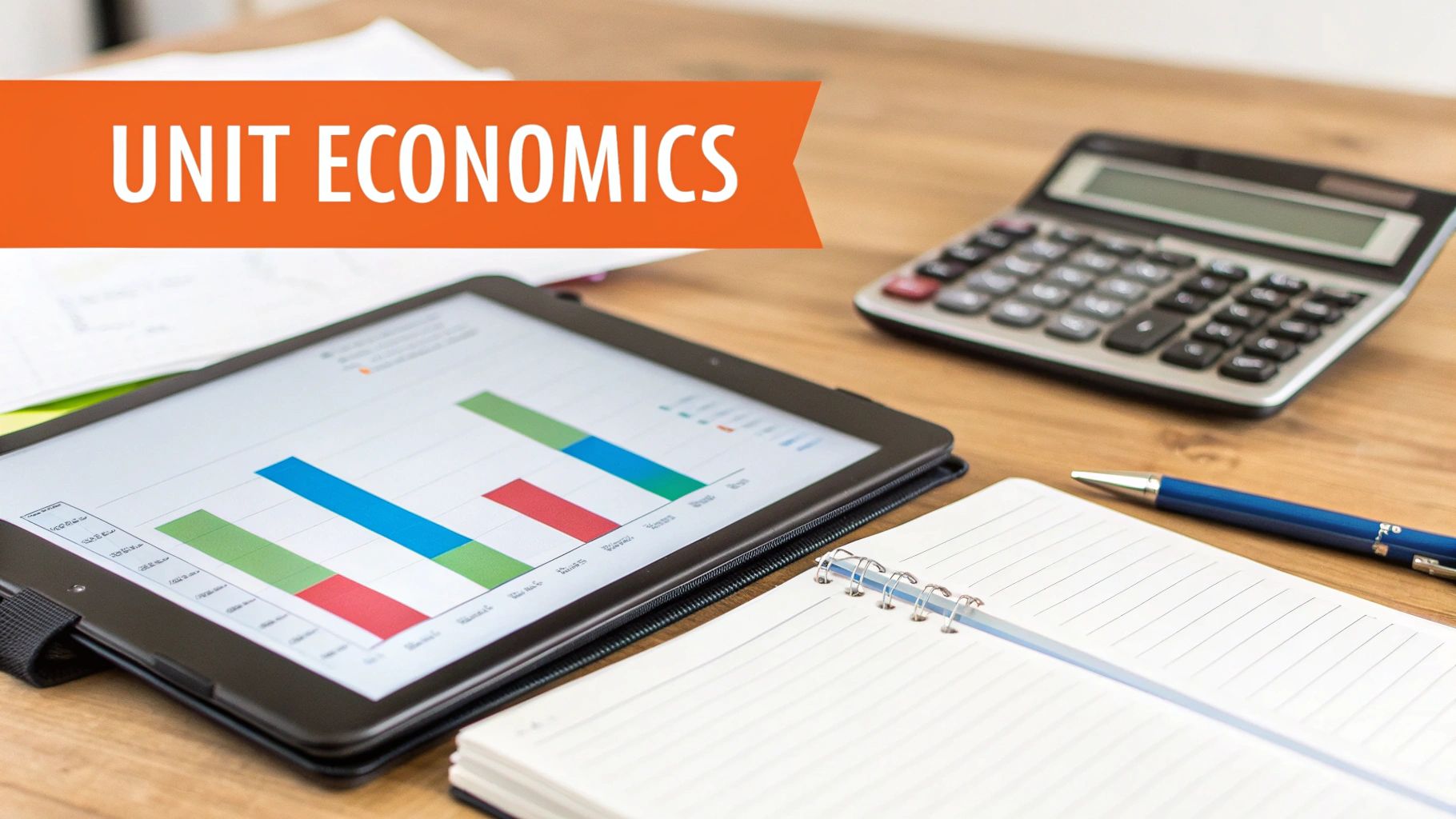 Tablet with bar charts, calculator, and notebook on a wooden desk, overlaid with 'UNIT ECONOMICS' banner.