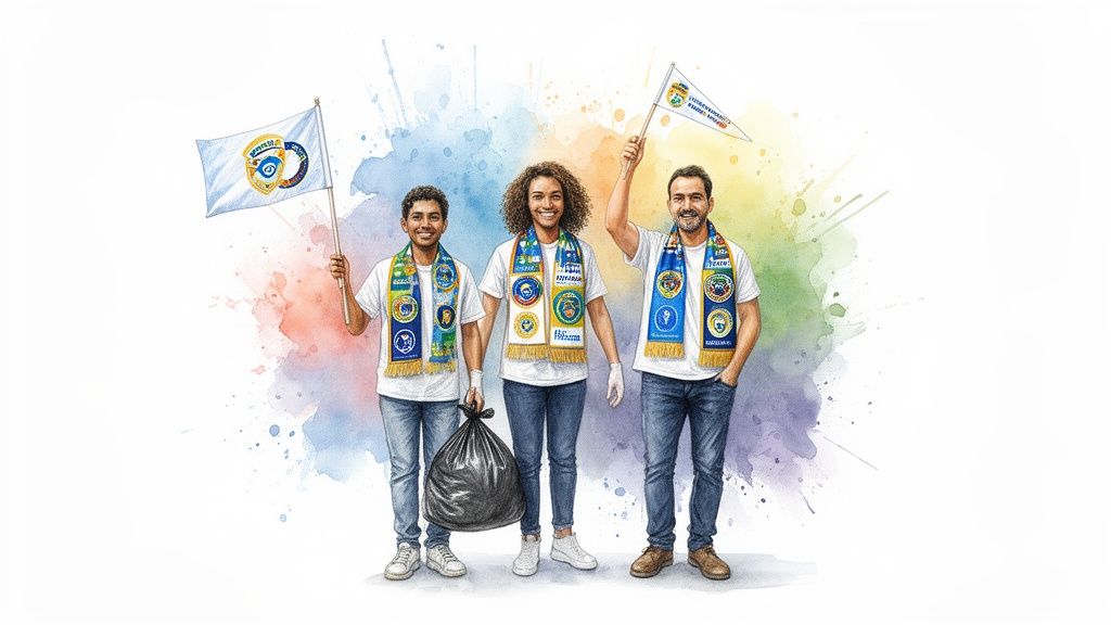 Three diverse volunteers smiling, holding flags and a trash bag, against a colorful watercolor background.