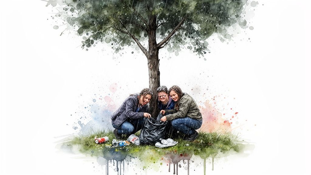 Three young people in a watercolor style, collecting litter under a tree during a rainy cleanup.