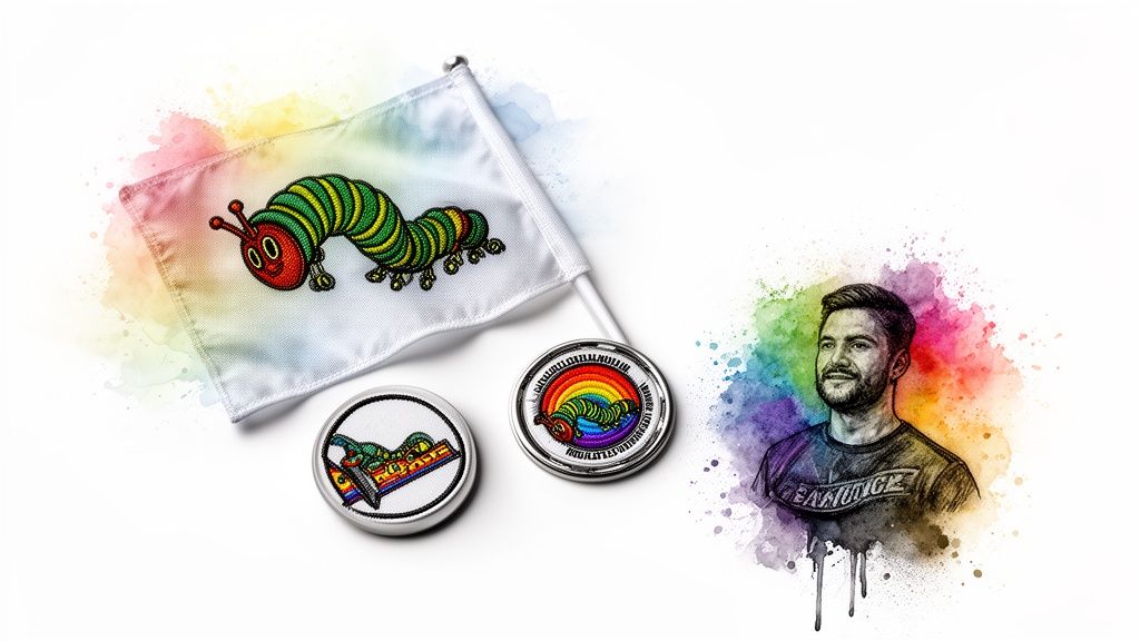 A white flag with a green caterpillar, two pins, and a man's sketch with colorful watercolor splashes.