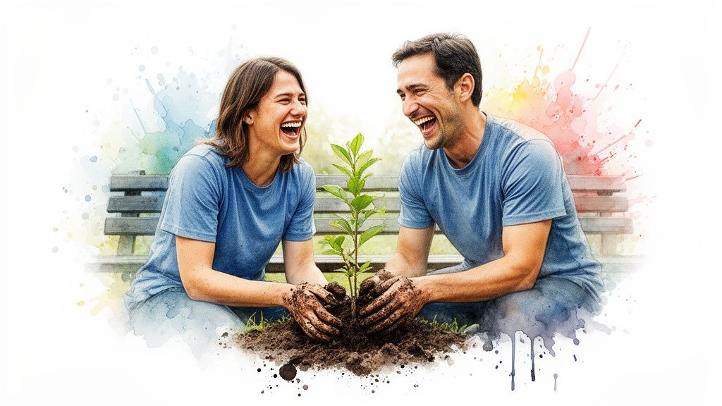 Happy man and woman smiling while planting a small green tree, hands in the soil.