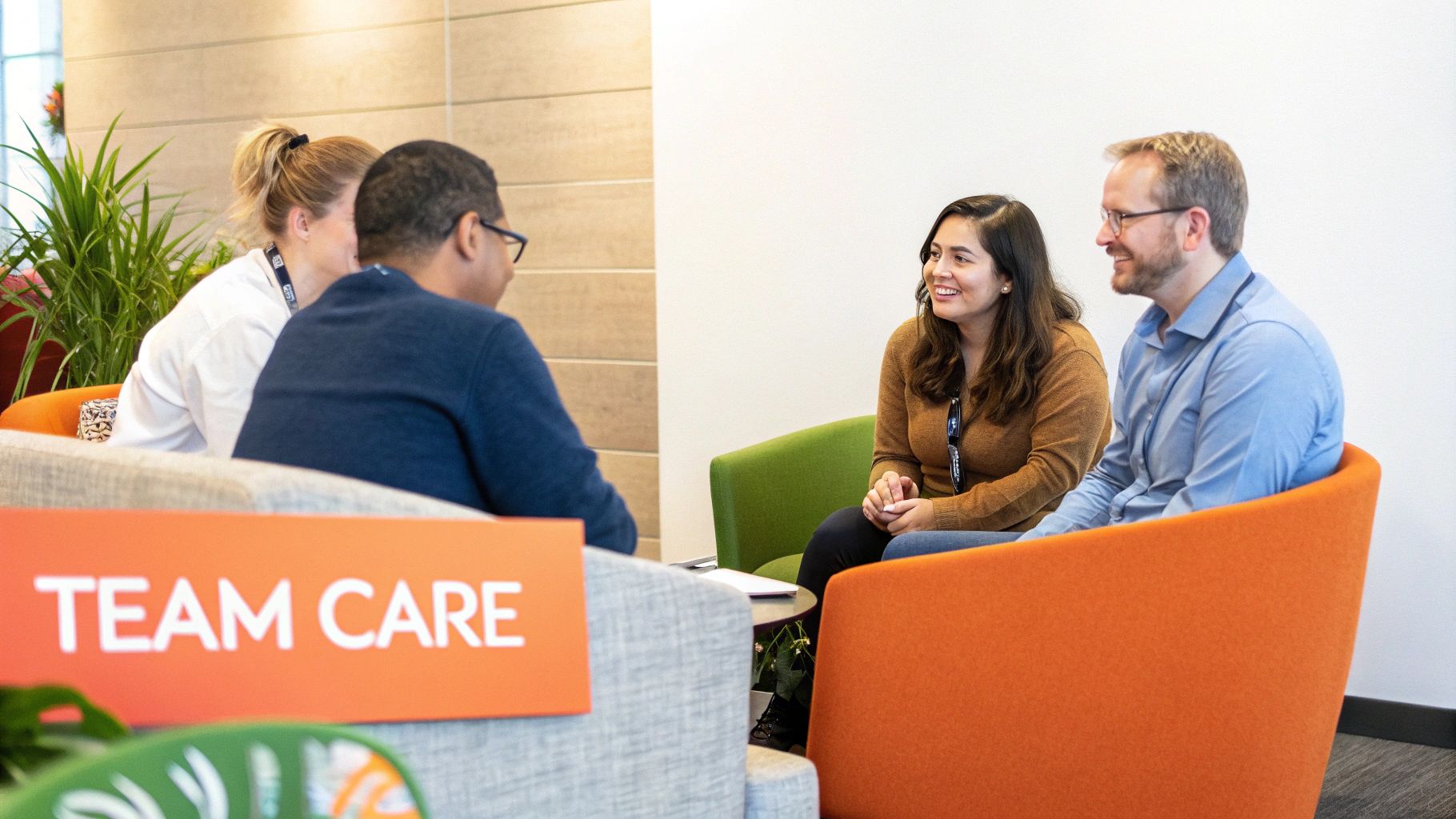 Diverse professionals smiling and engaged in a casual team discussion in an office lounge.