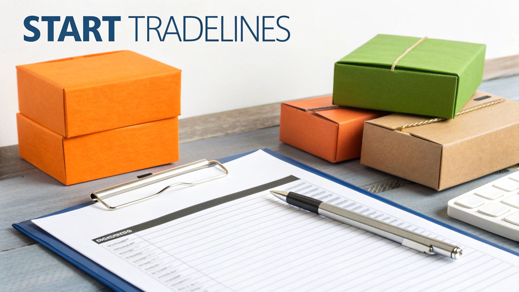 Clipboard, pen, and colorful boxes on a table, with 'START TRADELINES' heading for business credit.