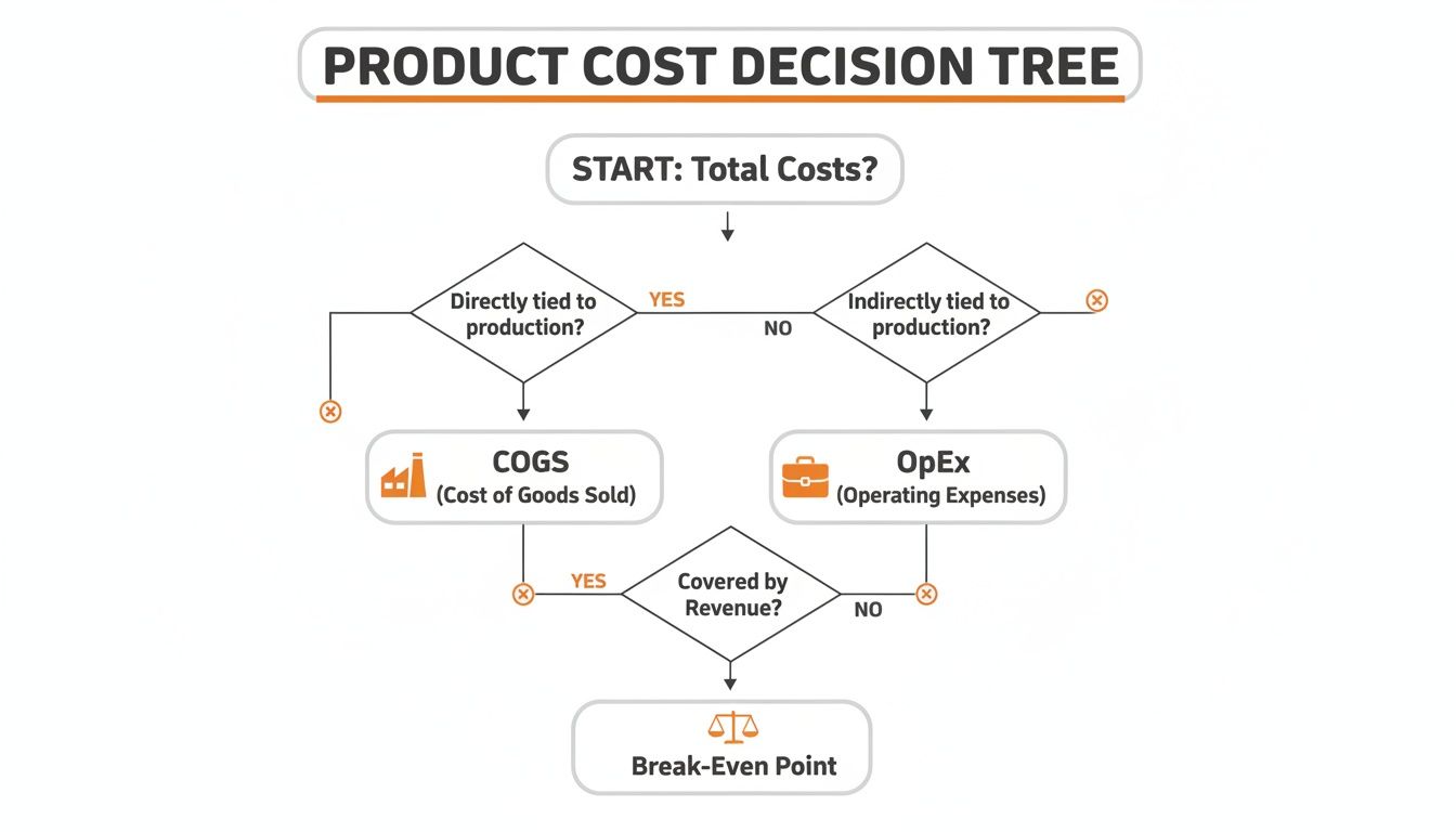 A flowchart diagram illustrating a Product Cost Decision Tree, classifying costs into COGS or OpEx, and leading to the Break-Even Point.