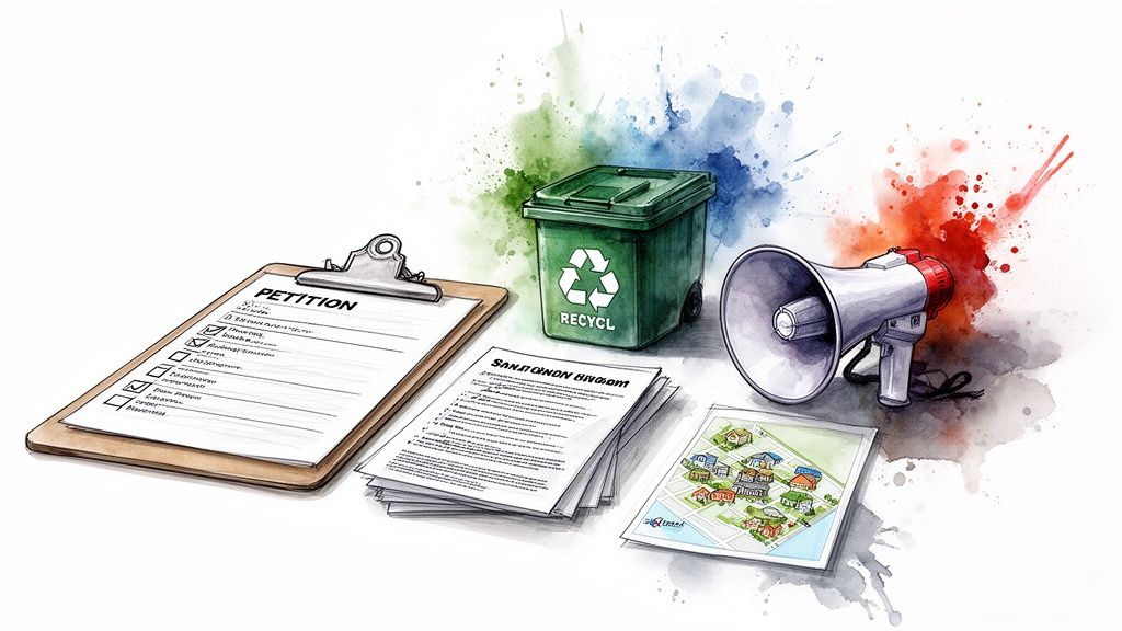 An illustration showing community organizing tools: a petition, recycling bin, papers, neighborhood map, and megaphone.