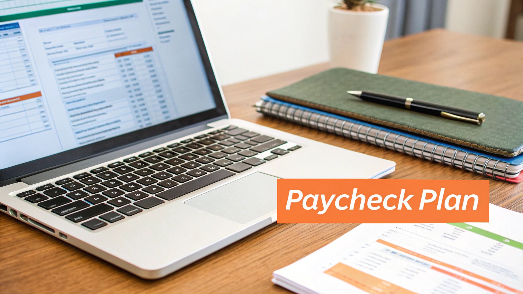 Laptop displaying a financial spreadsheet, with notebooks, a pen, and 'Paycheck Plan' on a wooden desk.