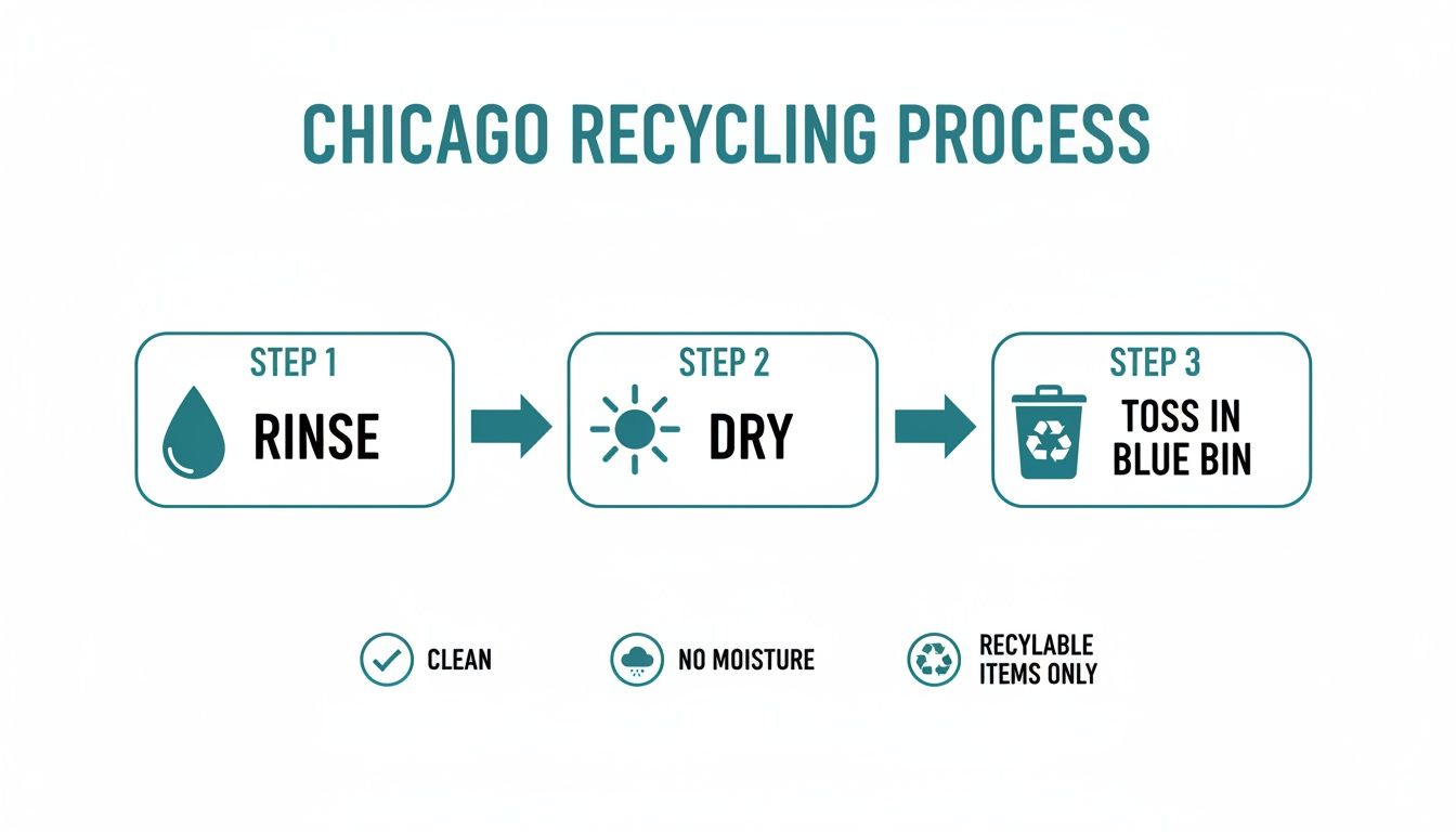 Infographic illustrating the Chicago recycling process: rinse, dry, and toss in a blue bin, emphasizing clean, dry, recyclable items.