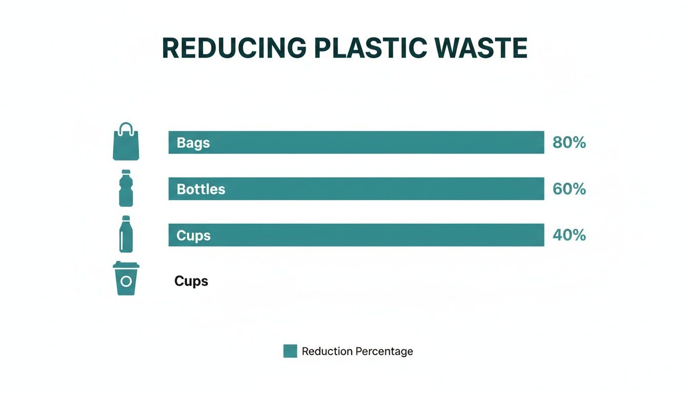 Bar chart titled 'Reducing Plastic Waste' showing reduction percentages: Bags 80%, Bottles 60%, and Cups 40%.