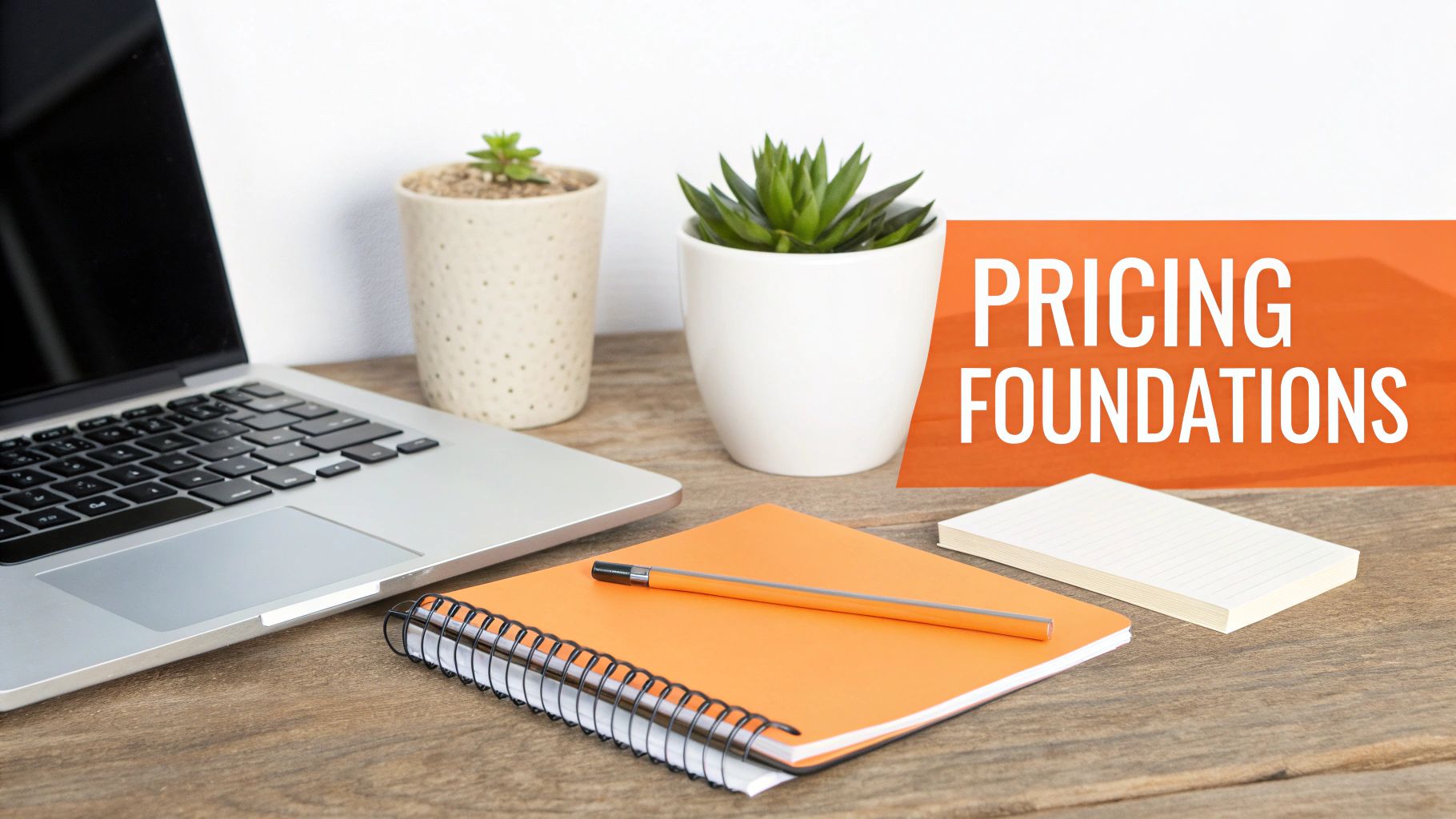 A professional workspace with a laptop, plants, a notebook, and a pencil, featuring an orange banner with 'Pricing Foundations' text.