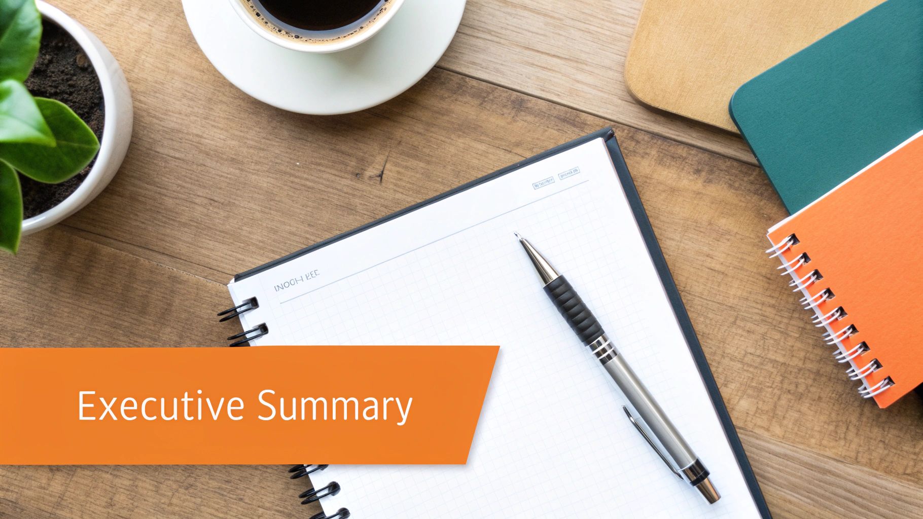 Overhead shot of a wooden desk with a notebook, pen, coffee, plant, and 'Executive Summary' banner.