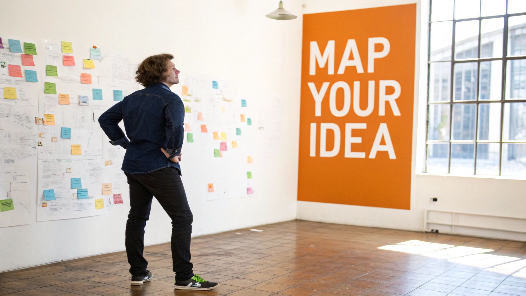 Man thoughtfully examining a wall filled with notes and an inspiring 'MAP YOUR IDEA' sign.