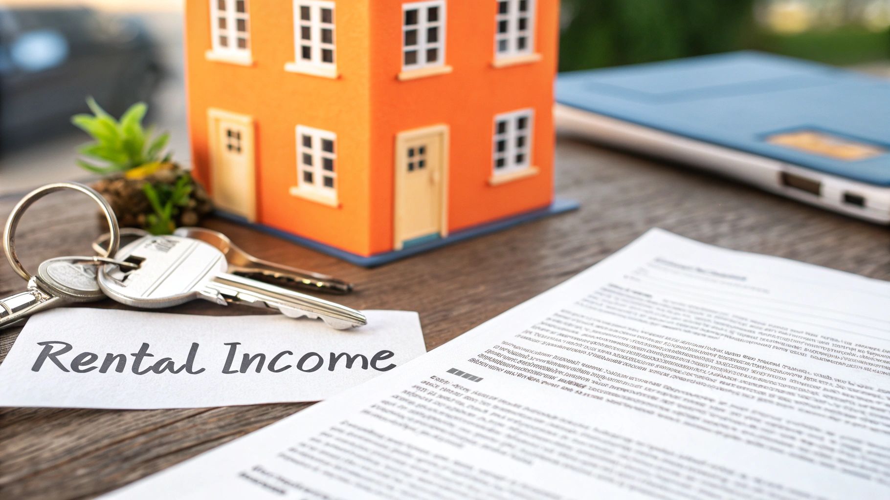 A model house, keys, and 'Rental Income' papers on a table, symbolizing property investment.
