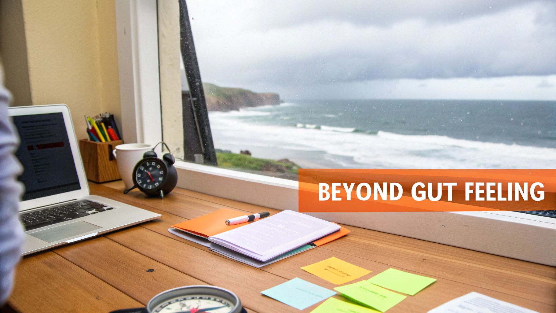 A productive workspace with a laptop, notebooks, and an alarm clock on a desk overlooking a stormy ocean, with text 'BEYOND GUT FEELING'.