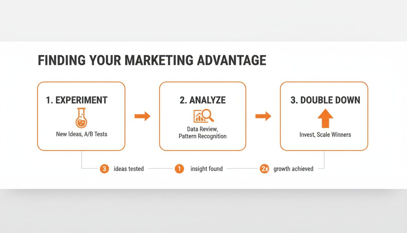 A diagram outlining a 3-step marketing strategy: experiment, analyze, and double down for business growth.