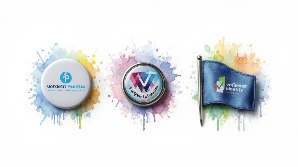 Three branded items: a button, a pin, and a flag, displayed on colorful watercolor splashes.