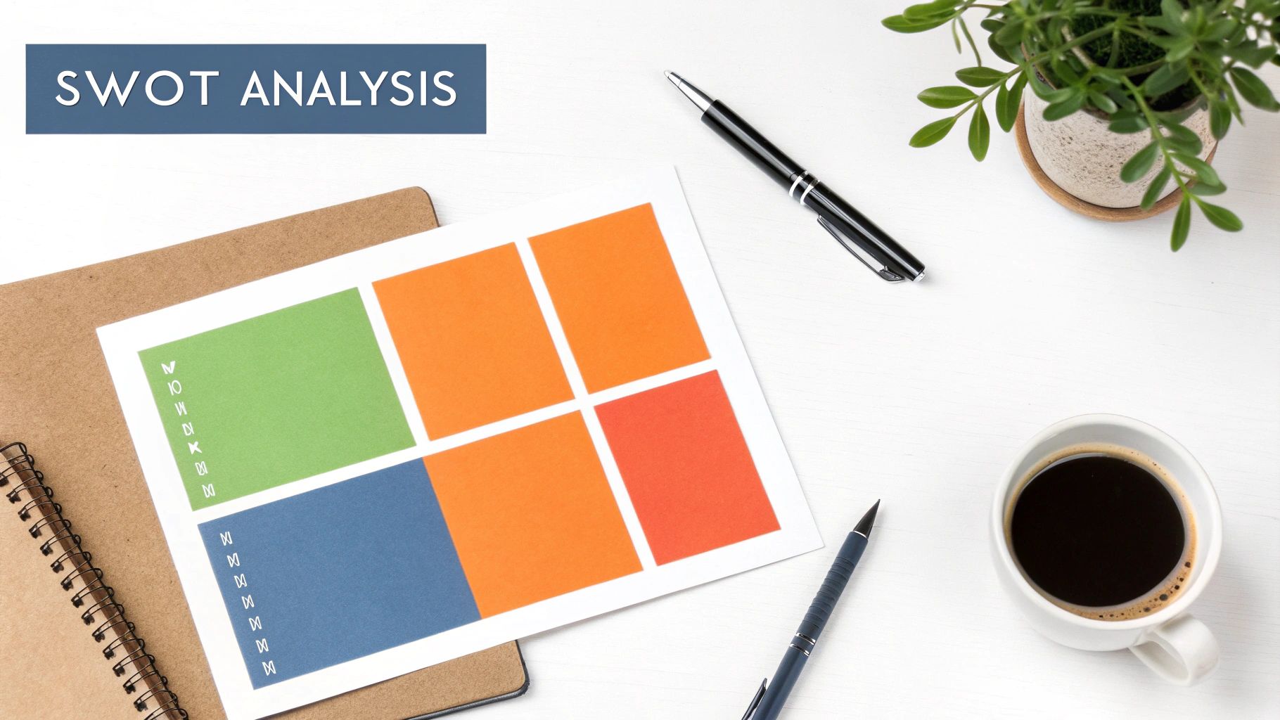 A top-down view of a SWOT analysis template, pens, coffee, and a plant on a white desk.