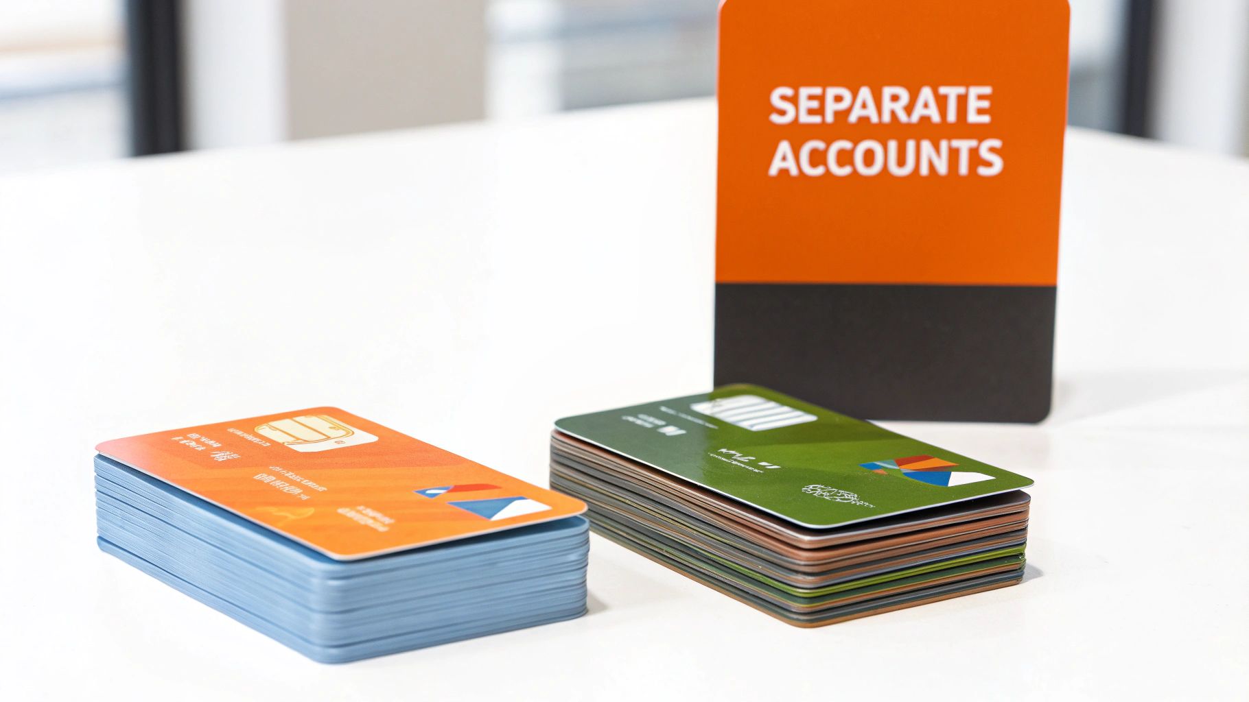 Two stacks of colorful payment cards, orange and green, on a white table next to a sign reading "SEPARATE ACCOUNTS."