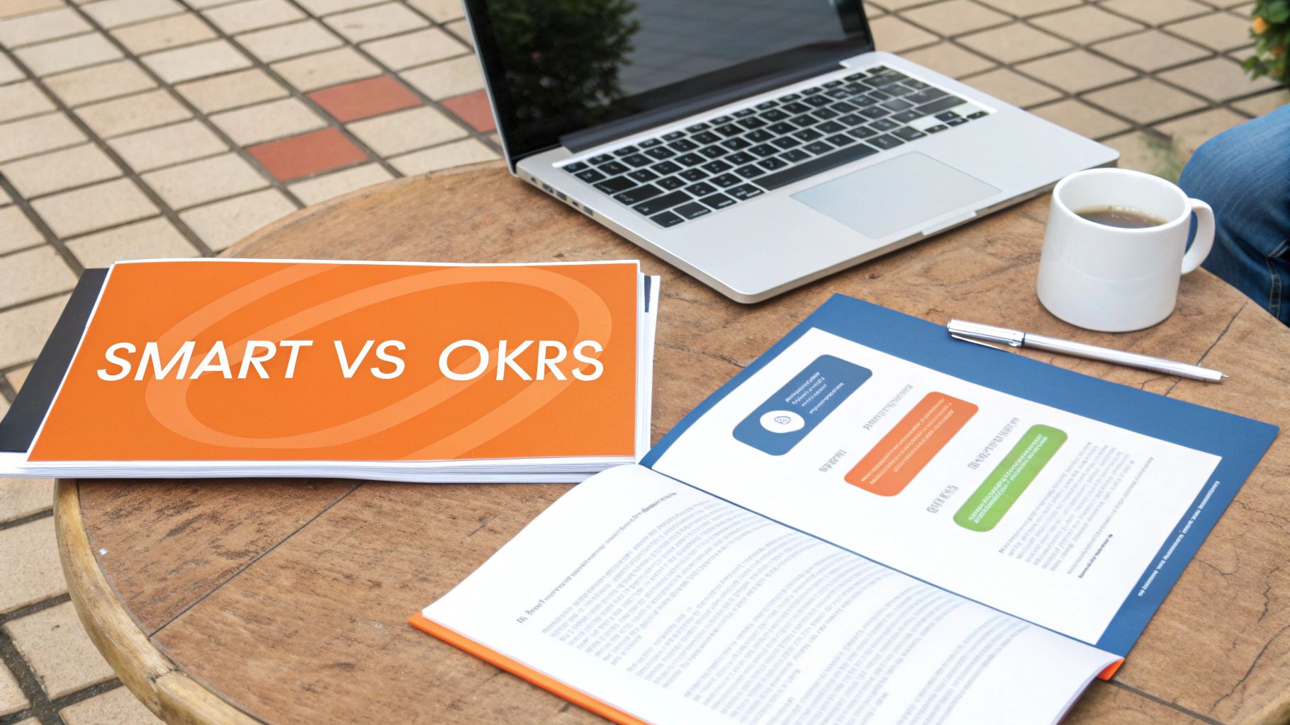 Desk setup with a laptop, coffee, pen, and a document comparing SMART vs OKRS goals.