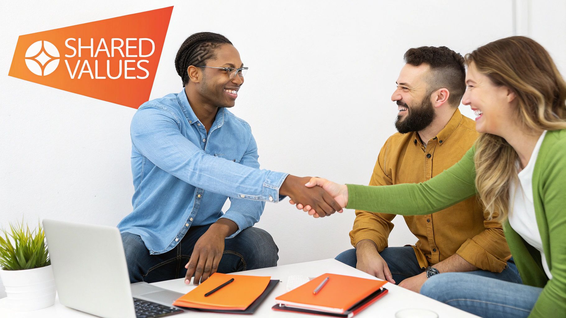 Three diverse professionals smiling, a man and woman shaking hands, with a "SHARED VALUES" logo.