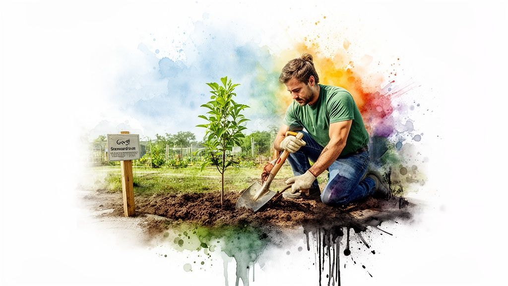A man wearing gloves kneels to plant a small tree with a shovel in a vibrant community garden.