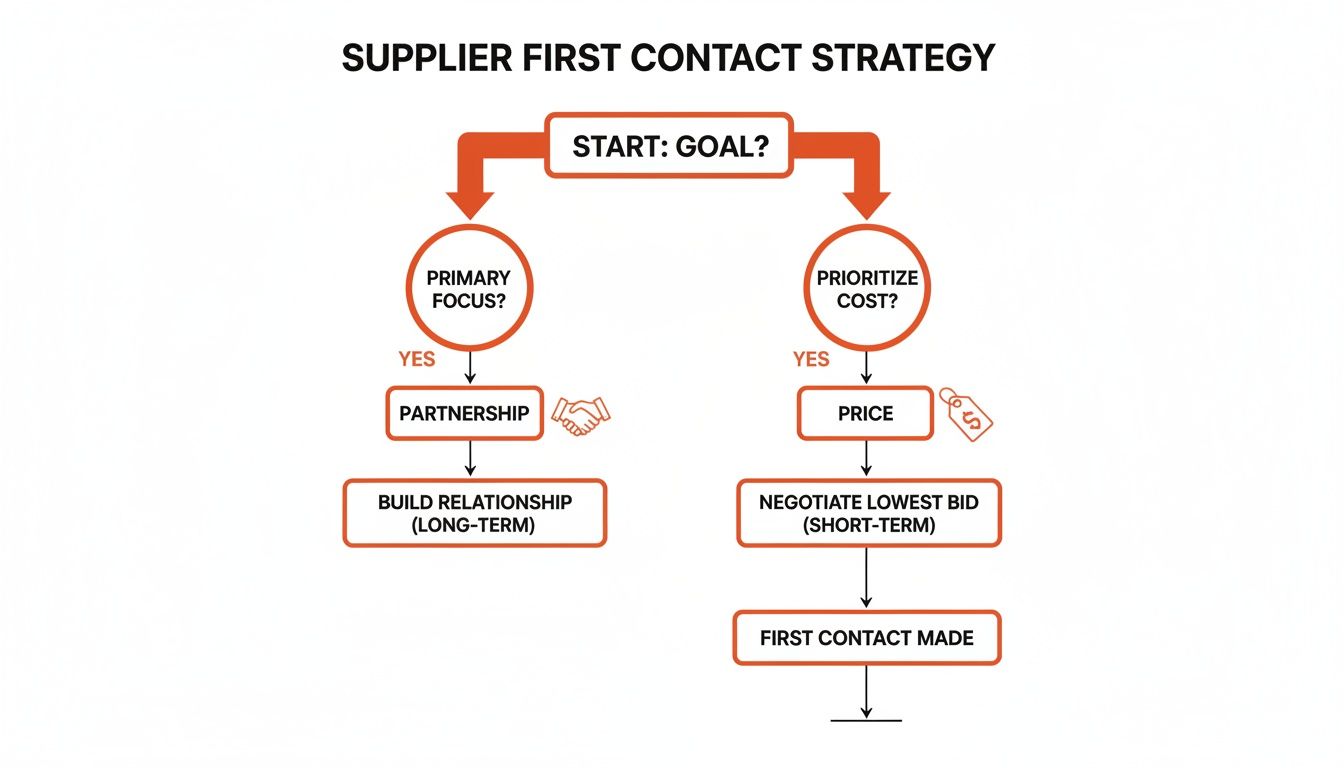 Flowchart outlining two supplier first contact strategies: partnership for long-term relationships or cost-focused short-term negotiation.