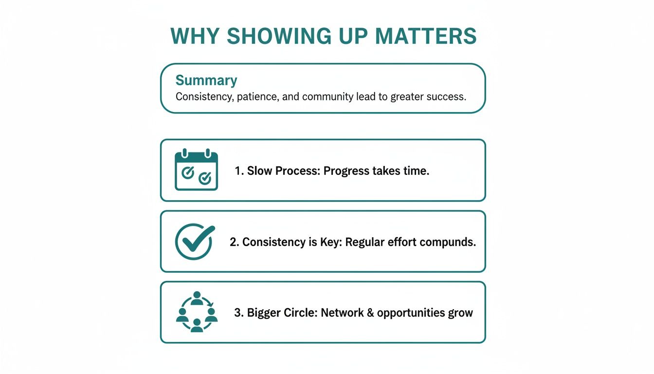 An infographic titled 'Why Showing Up Matters' with a summary and three points on consistency, progress, and networking.