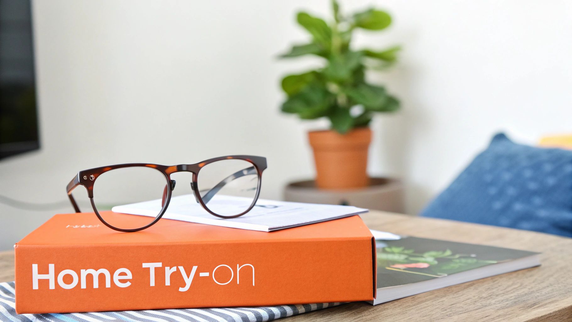 A pair of stylish tortoise-shell eyeglasses resting on a bright orange "Home Try-on" box.