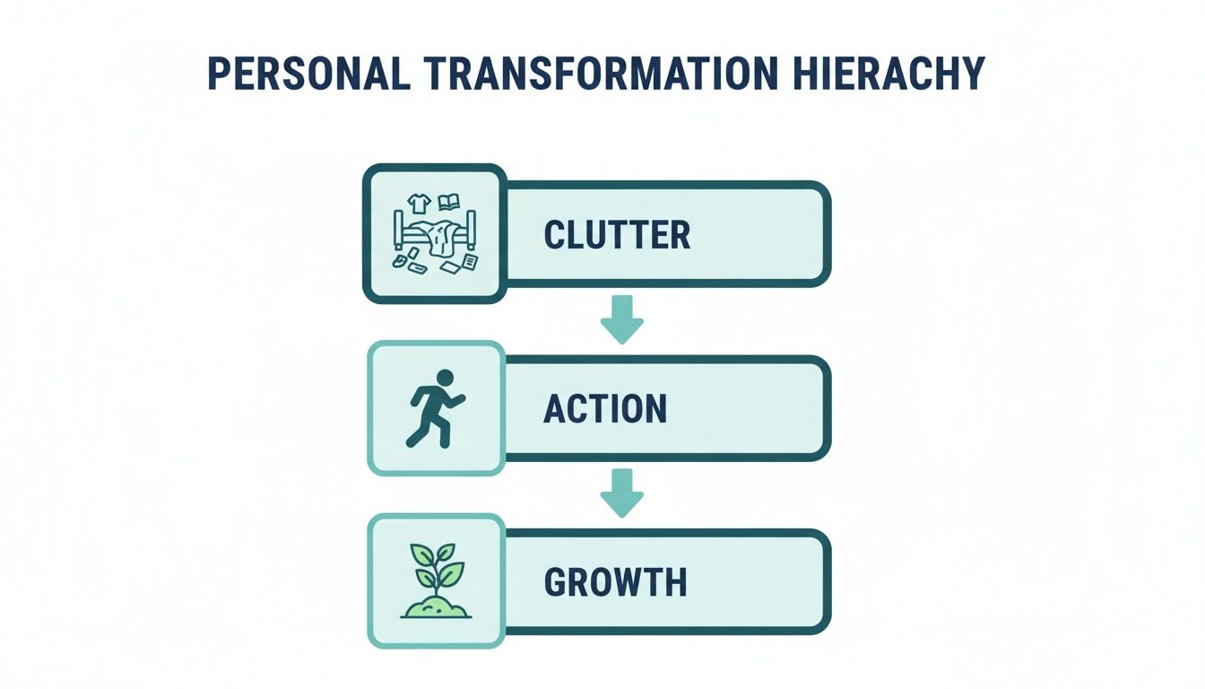Hierarchy diagram showing personal transformation: Clutter leads to Action, which leads to Growth.