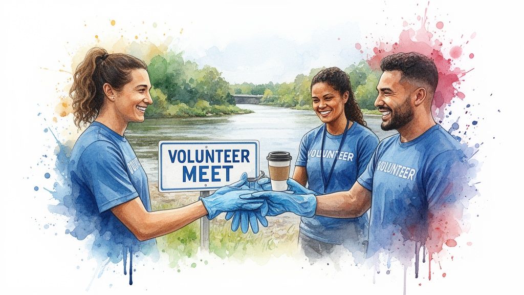 Three happy diverse volunteers near a river exchanging gloves and coffee at a clean-up meet.