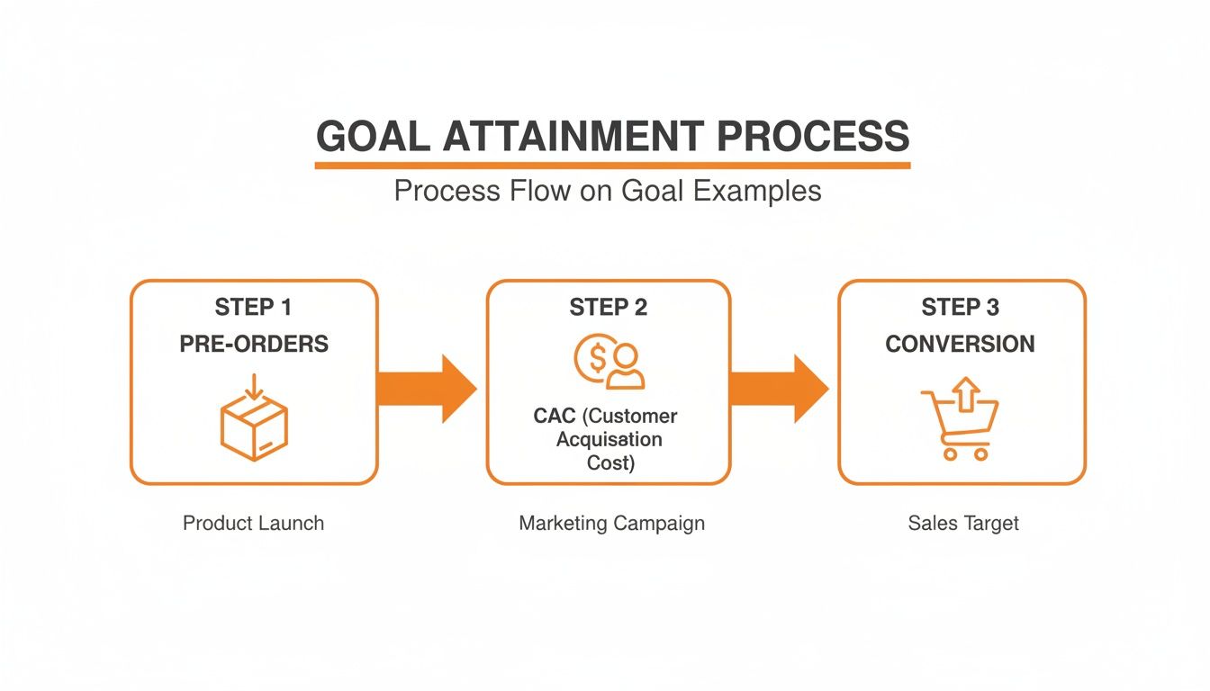 Goal attainment process flow illustrating three steps: pre-orders, customer acquisition cost, and conversion.