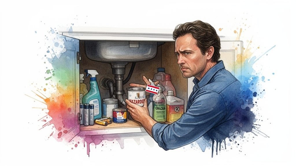 A man carefully examines a can labeled "HAZARDOUS" with a Chicago flag under a sink, surrounded by household chemicals.