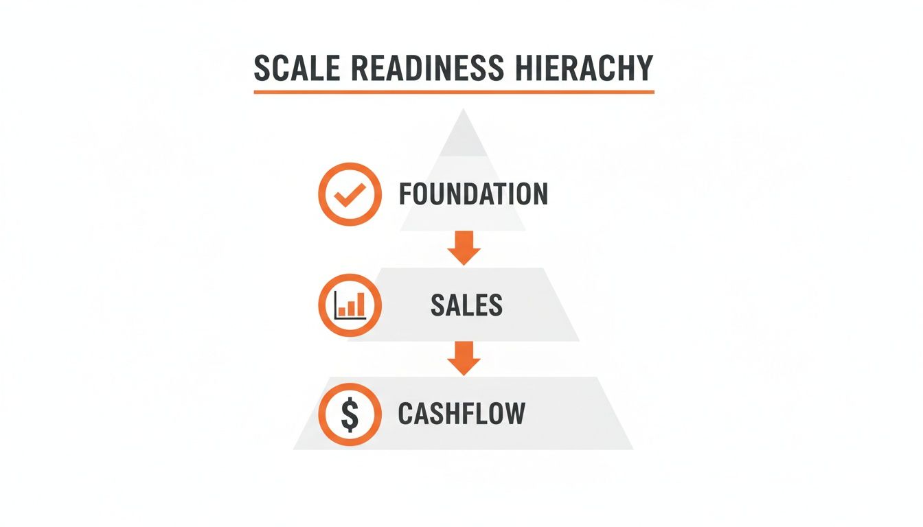 A 'Scale Readiness Hierarchy' diagram showing Foundation, Sales, and Cashflow levels with icons.