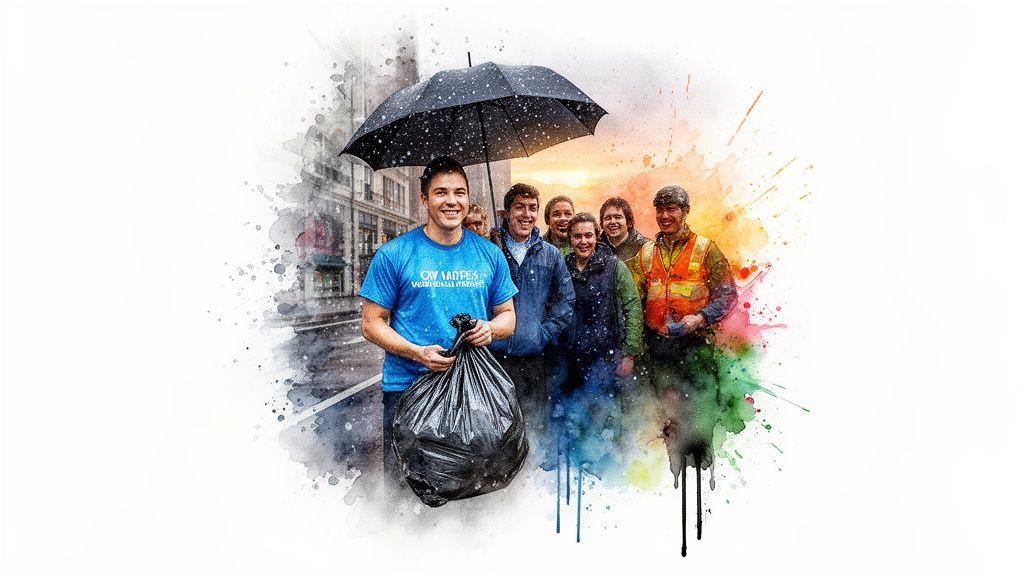 Smiling diverse volunteers with an umbrella, holding a trash bag during a community cleanup on a street.