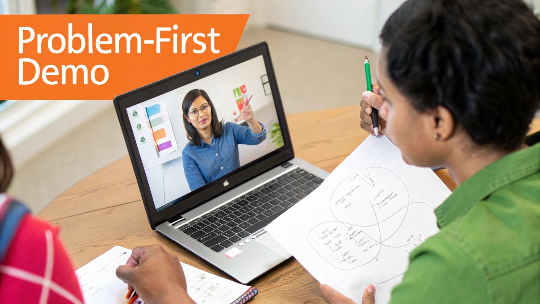 Students collaborate during an online 'Problem-First Demo', viewing a presenter on a laptop and taking notes.